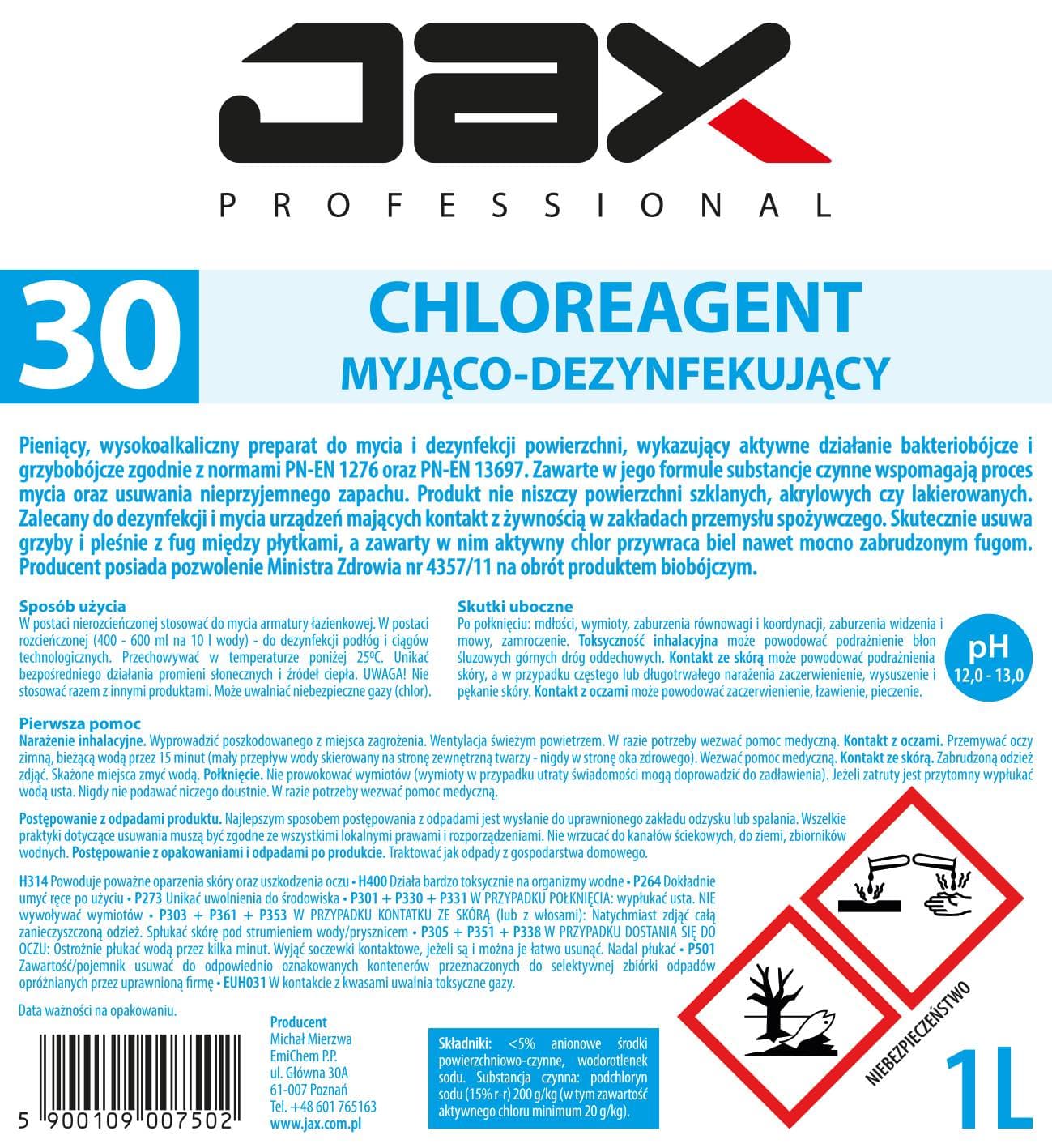 CHLOREAGENT MYJĄCO-DEZYNFEKUJĄCY JAX PROFESSIONAL 30 1l