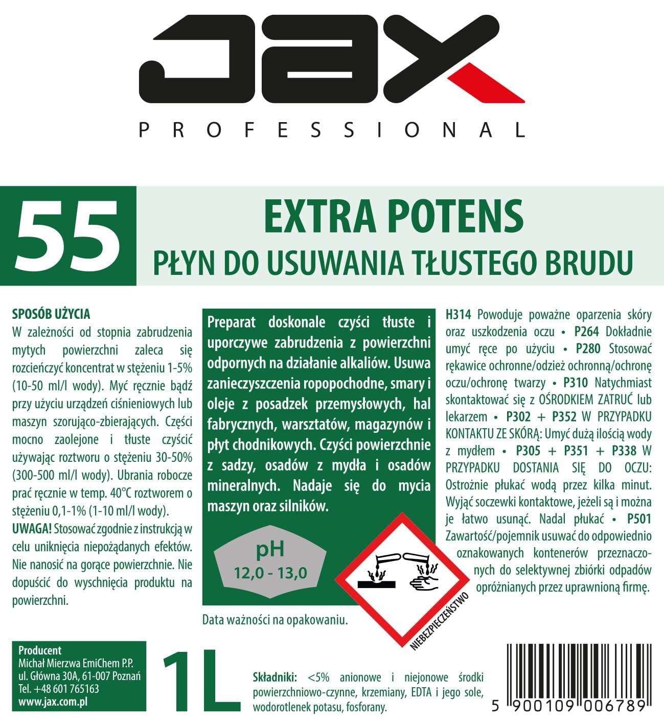 EXTRA POTENS PREPARAT DO USUWANIA TŁUSTEGO BRUDU JAX PROFESSIONAL 55 1l