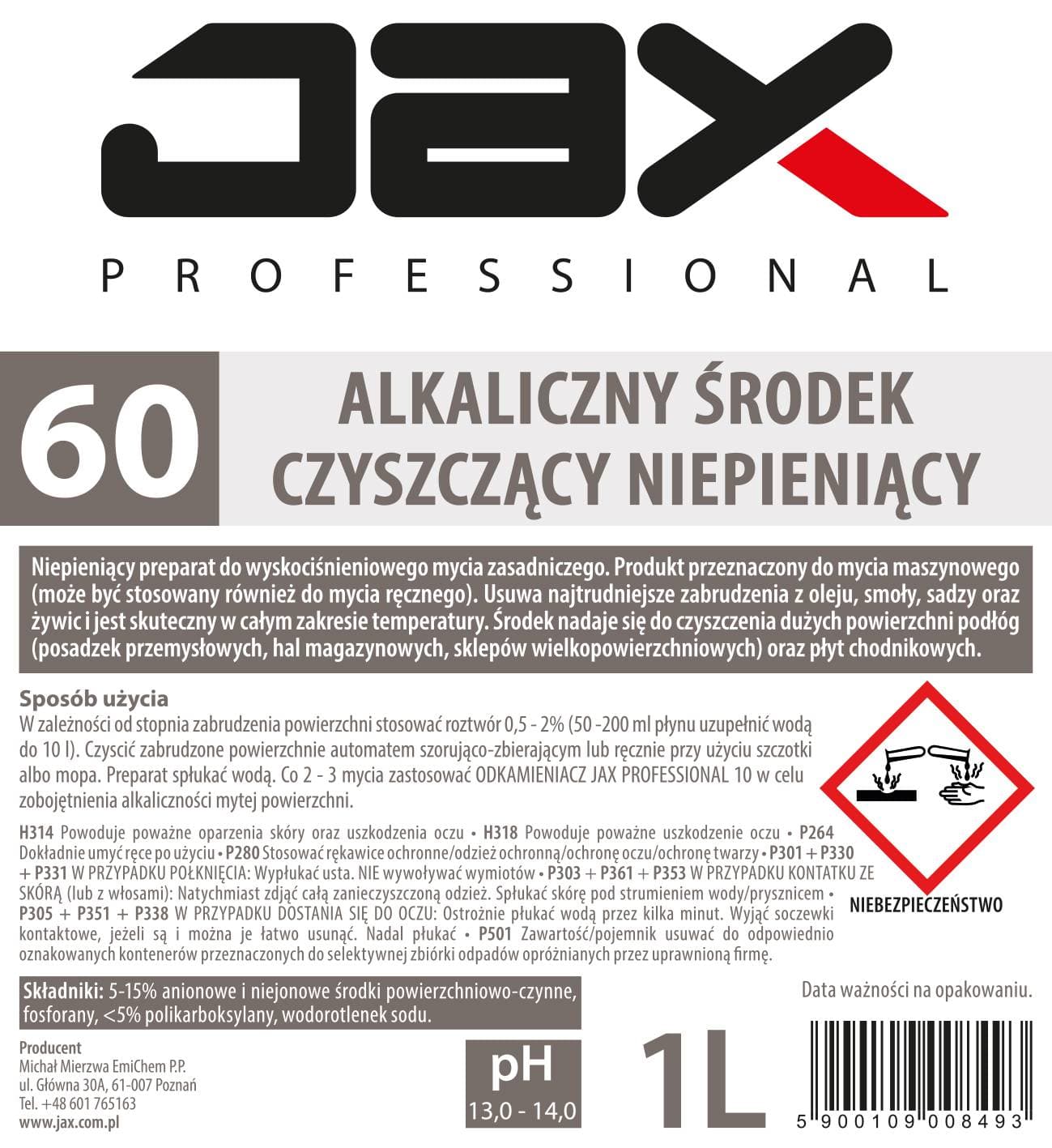 ALKALICZNY ŚRODEK CZYSZCZĄCY NIEPIENIĄCY JAX PROFESSIONAL 60 1l