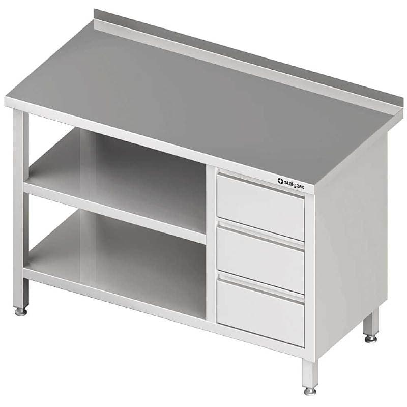 Stół przyścienny z blokiem trzech szuflad (P),i 2-ma półkami 1300x600x850 mm