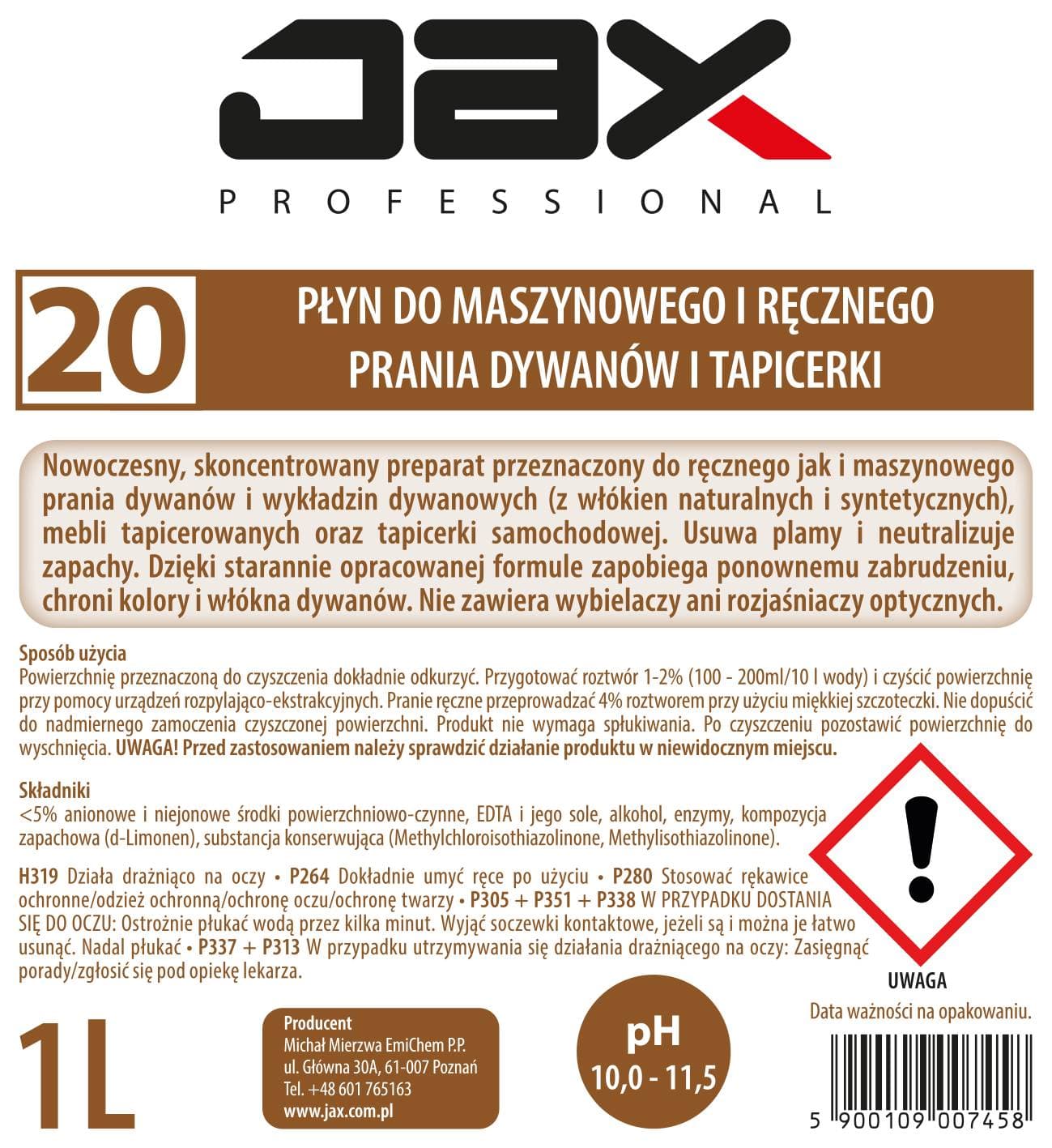 PŁYN DO MASZYNOWEGO I RĘCZNEGO PRANIA DYWANÓW I TAPICEREK JAX PROFESSIONAL 20 1l