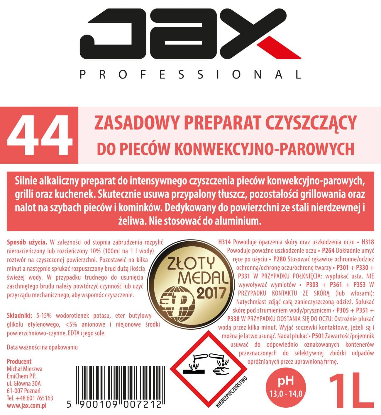 ZASADOWY PREPARAT CZYSZCZĄCY DO PIECÓW KONWEKCYJNO-PAROWYCH, GRILLI I KUCHENEK JAX PROFESSIONAL 44 1l