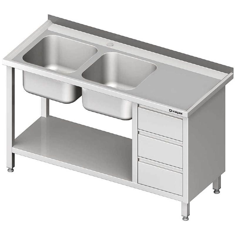 Stół ze zlewem 2-kom.(L), z blokiem trzech szuflad i półką 1500x700x850 mm